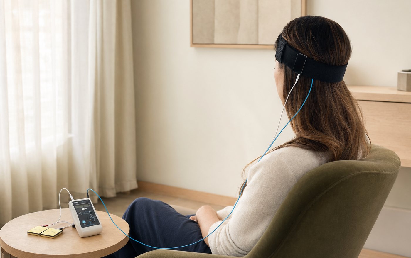 Aparelho portátil de estimulação transcraniana por corrente contínua (ETCC) conectado por eletrodos, sobre mesa ao lado de pessoa sentada em ambiente tranquilo